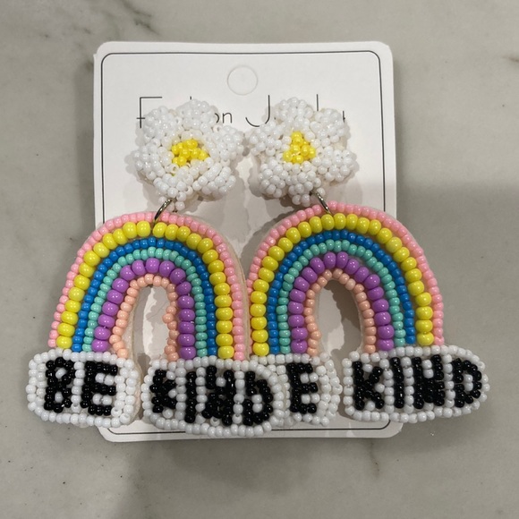“Be Kind” Rainbow Rice Bead Earrings - New - Picture 1 of 3